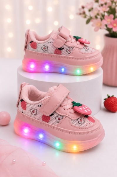 Pantofi sport cu lumini LED, model cu capsuni, Fete, Piele ecologica si textil, roz - Img 3
