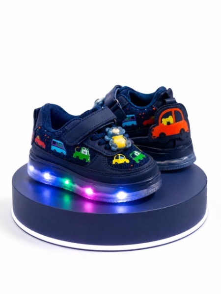 Pantofi sport cu lumini LED, Model Masinute, piele ecologica si textil, Baieti, Bleumarin - Img 2