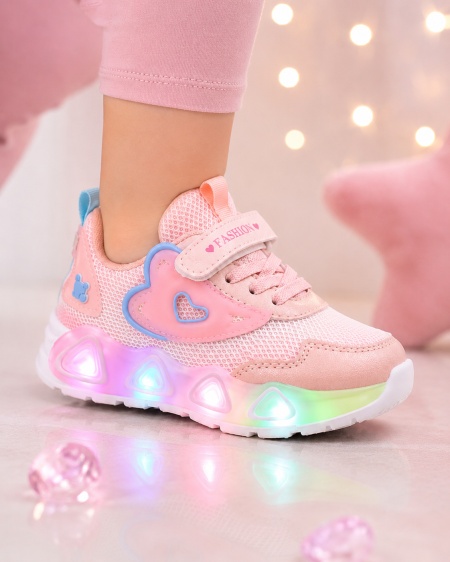 Pantofi sport cu lumini LED, Model Pink Heart, Textil, Fete, Roz - Img 4