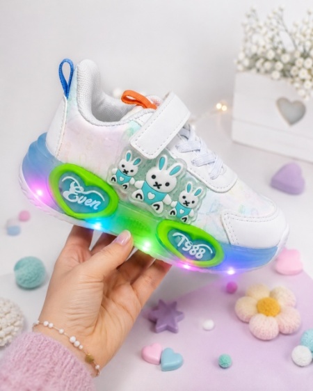Pantofi sport cu luminite, Model Iepurasi, Piele ecologica, Fete, Alb - Img 3