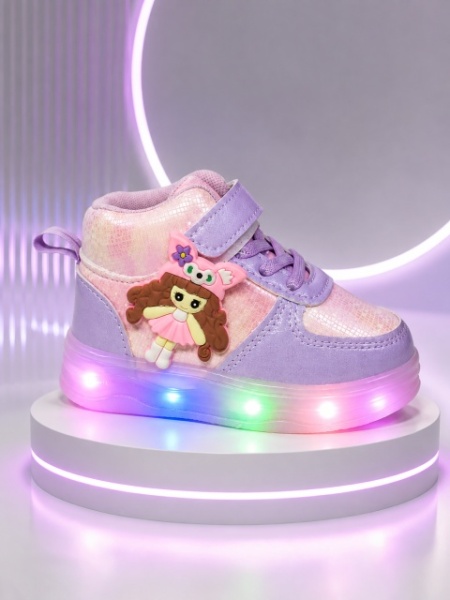 Pantofi sport inalti cu luminite, Model Papusa, Piele ecologica, Fete, Mov - Img 3