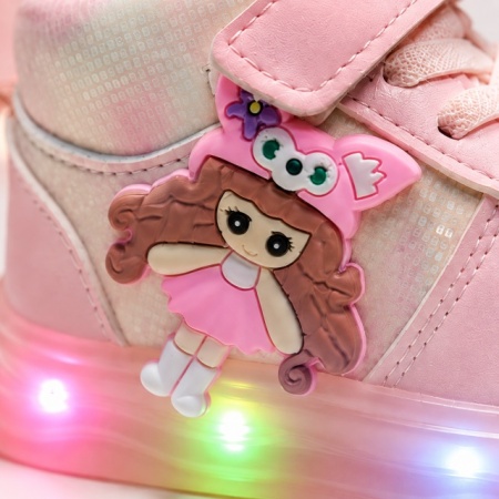 Pantofi sport inalti cu luminite, Model Papusa, Piele ecologica, Fete, Roz - Img 4