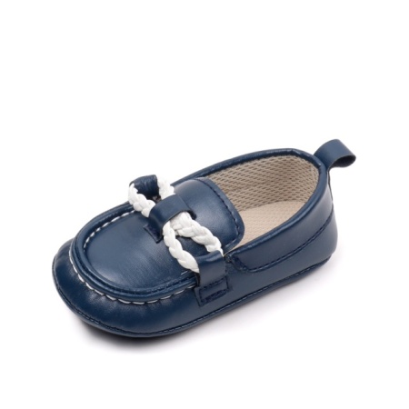 Pantofiori tip mocasini, bleumarin, cu fir alb impletit - Img 4