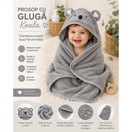 Prosop cu Glugă pentru Copii și Bebeluși Gri – Model Koala - Moale și Absorbant - Img 3