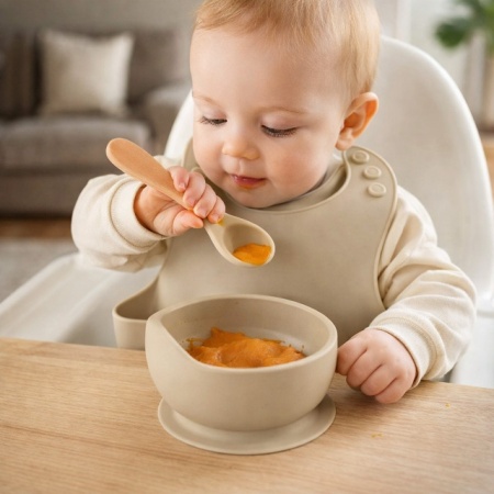 Set din silicon cu bol bavetica si lingurita pentru bebe - Gri - Img 2