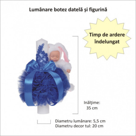 Set elegant trusou botez, cutie trusou si lumanare iepuras pufos, dantela si fundite, decor Albastru, Denikos® 930 - Img 2