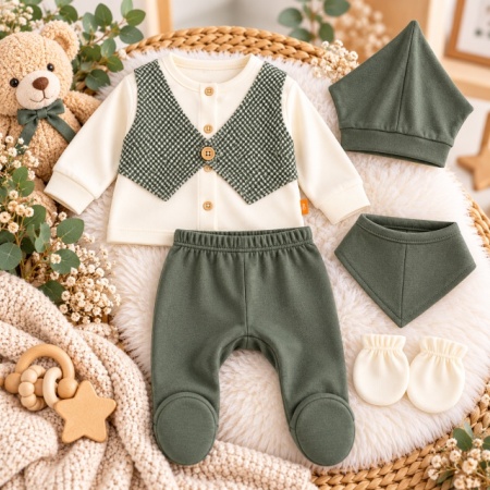 Set nou-născut băiețel 5 piese, verde kaki și crem, bluză cu vestă, pantaloni cu botoșei, căciuliță, bavetă și mănuși - Img 3