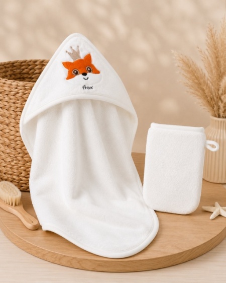 Set prosop pentru bebelusi cu capison si manusa, GULUNCE BABY, Fox, alb - Img 2