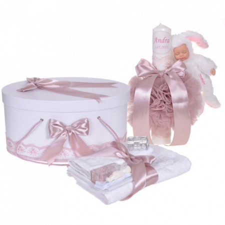 Set trusou botez, cutie trusou si lumanare personalizata cu nume, decor Roz pudra cu iepuras, Denikos® 911