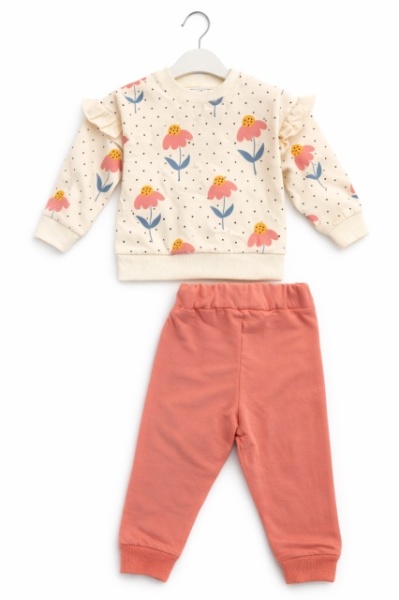 Trening bebe fete 2 piese flori bluza crem volane pantaloni corai - Img 2