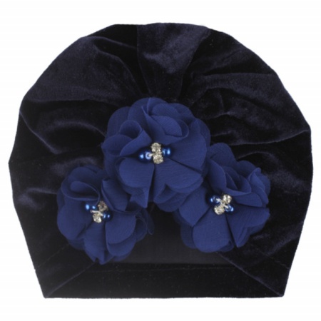 Caciulita bleumarin tip turban din catifea cu flori aplicate - Img 2