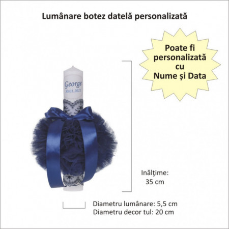 Lumanare botez personalizata si trusou botez in landou, decor dantela Bleumarin, Denikos® 864 - Img 4