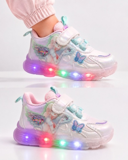 Pantofi sport cu luminite, Model cu fluturas si zana, Piele ecologica, Fete, Alb - Img 3
