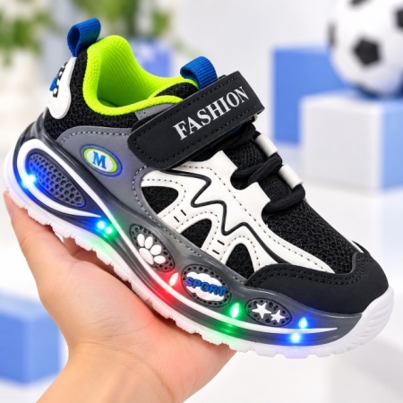 Pantofi sport cu luminite, Model Super Confy Black, Textil si Piele ecologica, Baieti, Bleumarine - Img 3