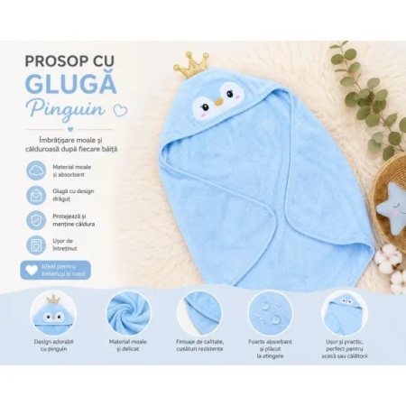 Prosop cu Glugă pentru Copii și Bebeluși Albastru – Model Pinguin - Moale și Absorbant - Img 4