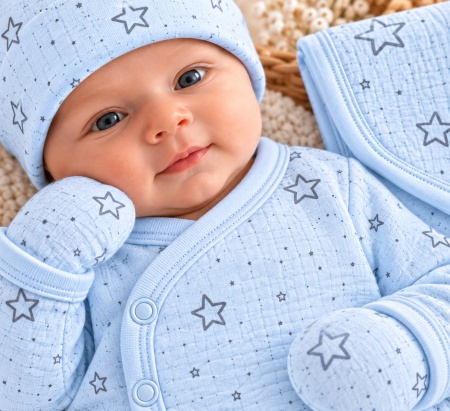 Set bebeluși 5 piese albastru cu model stelute, bumbac 100% - Img 2