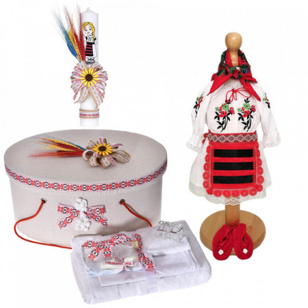 Set costum rochita traditionala, trusou botez, cutie trusou si lumanare, decor national, Denikos® C9103