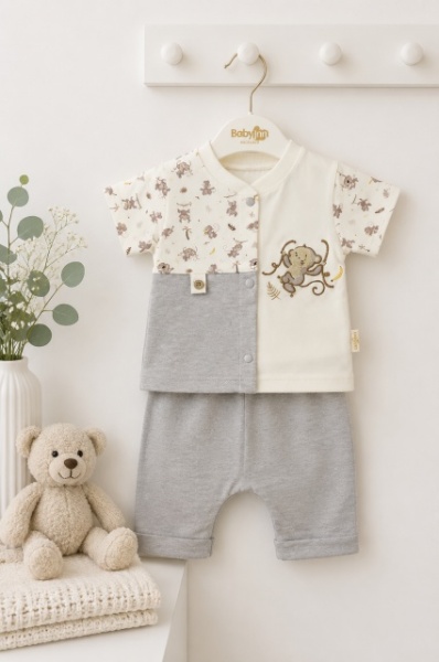 Set din doua piese pentru bebelusi, bumbac, maimutica brodata, Babyim, gri - Img 2