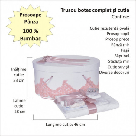 Set elegant trusou botez, cutie trusou si lumanare, decor dantela Roz pudra diafana, Denikos® 956 - Img 3
