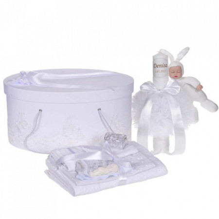 Set elegant trusou botez, cutie trusou si lumanare personalizata cu nume, decor dantela Alba cu iepuras, Denikos® 952