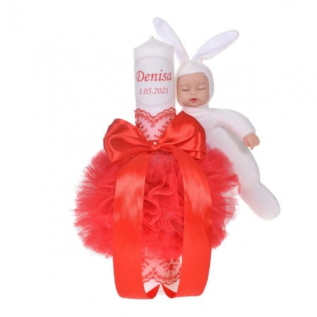 Set elegant trusou botez, cutie trusou si lumanare personalizata cu nume, decor dantela Rosie cu iepuras, Denikos® 946 - Img 3
