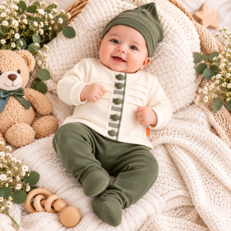 Set nou-născut băiețel 5 piese, verde kaki și crem, 100% bumbac, bluză, pantaloni cu botoșei, căciuliță, bavetă și mănuși, 0-6 luni - Img 3