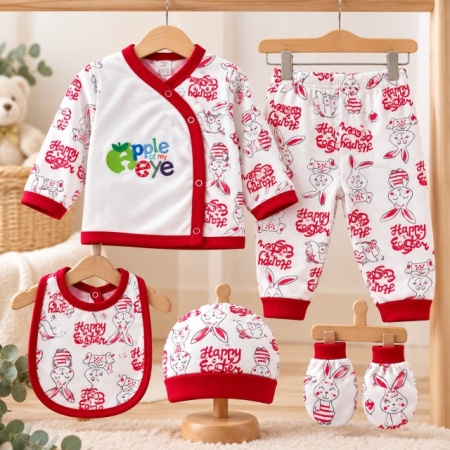 Set nou-născut bebe 5 piese, alb cu roșu, imprimeu iepurași, bluză, pantaloni, căciuliță, bavetă și mănuși - Img 3