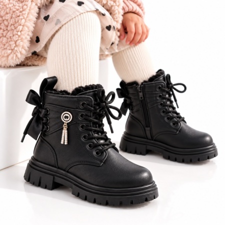 Bocanci negri de fetițe, cu fundițe și accesoriu tip bijuterie, Model Amelie, Negru - Img 2