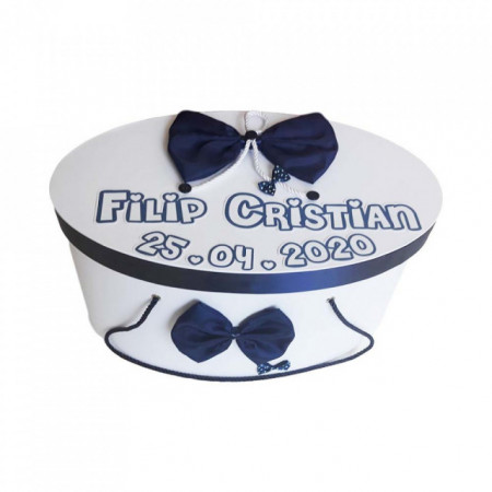Cutie trusou botez personalizata, decor funda bleumarin, Denikos® 217