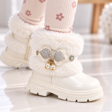 Ghete albe cu blanita accesorizata cu strasuri si perlute, Fetite, Piele ecologica, Model Elegance - Img 2