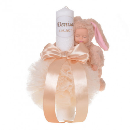 Lumanare botez cu iepuras, personalizata si trusou botez in landou, decor Ivoire cu floricele, Denikos® 800 - Img 2
