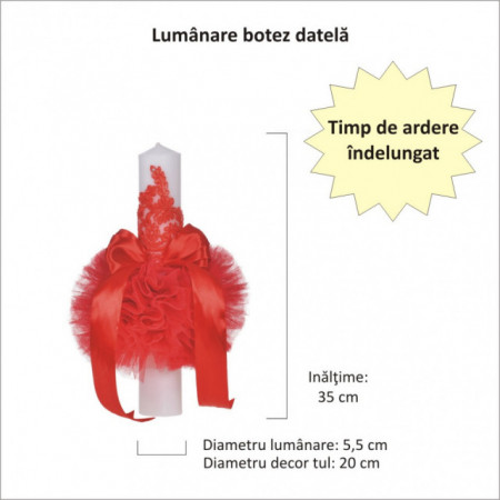 Lumanare botez eleganta cu tul, dantela si fundita, decor rosu, Denikos® 705 - Img 2
