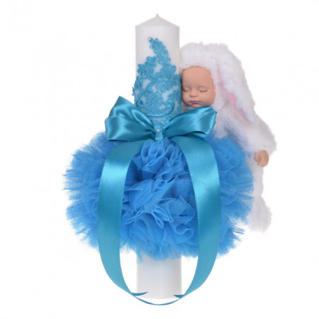 Lumanare botez glob iepuras pufos si trusou botez in landou, decor Turcoaz, Denikos® 773 - Img 3