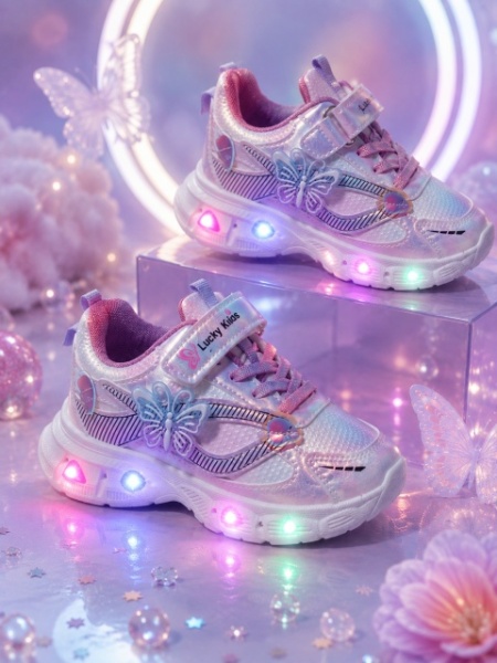 Pantofi sport cu lumini LED, Model Fluture, Piele ecologica, Fete, Mov - Img 3