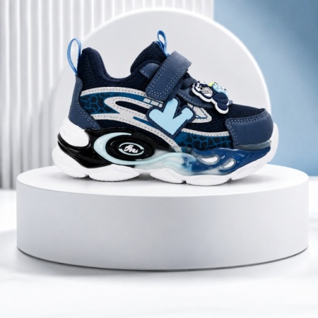 Pantofi sport cu luminite, Model Navy Style, Piele ecologica, Baieti, Bleumarin - Img 3