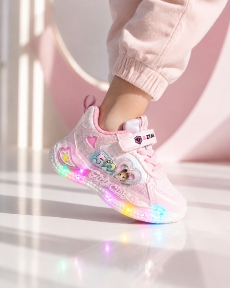 Pantofi sport cu luminite, Model Shine, Piele ecologica, Fete, Roz - Img 2
