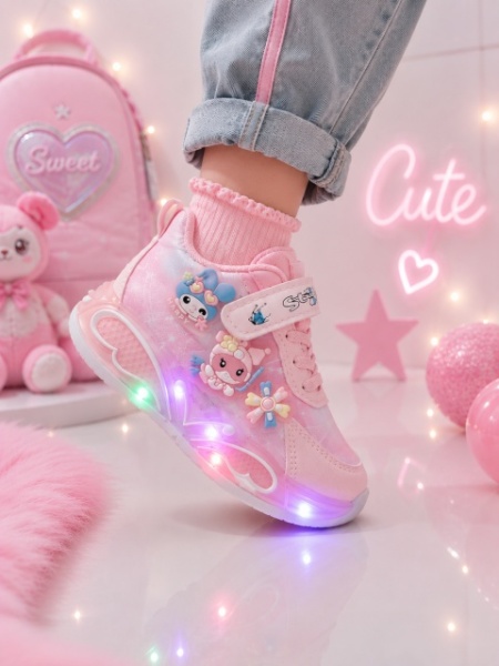 Pantofi sport cu luminite, Model You and Me, Piele ecologica, Fete, Roz - Img 3