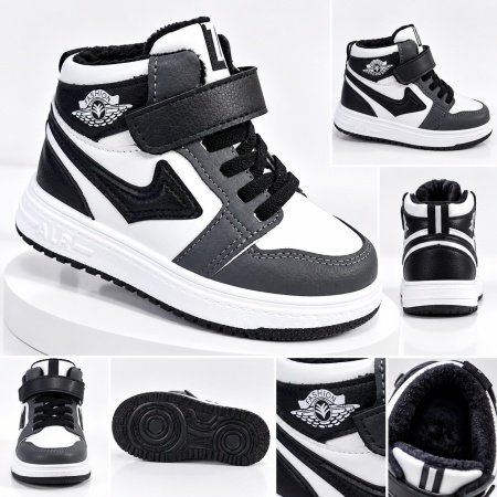 Pantofi sport imblaniti, Model Black&amp;White, Baieti, Piele ecologica - Img 3
