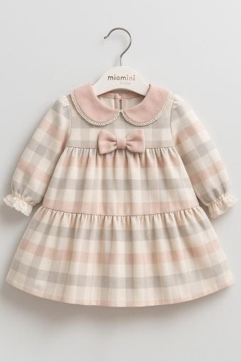 Rochie MyMio in carouri cu guler decorativ si fundita, model elegant si confortabil pentru fetite - Img 2