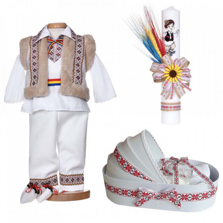 Set botez traditional baiat, trusou botez landou, lumanare si costum national, Denikos® C9267