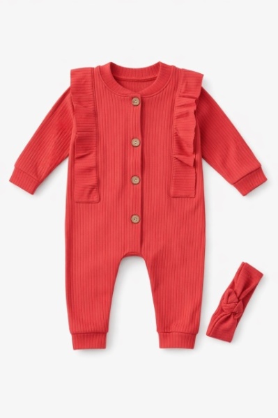 Set corai salopeta bebe bumbac rib cu nasturi si bentita  - Img 2