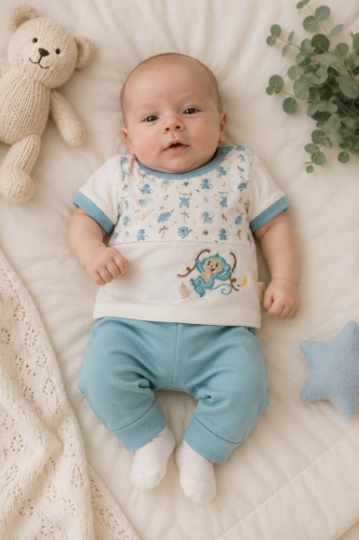 Set din doua piese pentru bebelusi, bumbac, maimutica brodata, Babyim - Img 2