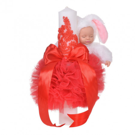 Set elegant trusou botez, cutie trusou si lumanare iepuras pufos, dantela si fundite, decor Rosu, Denikos® 928 - Img 4