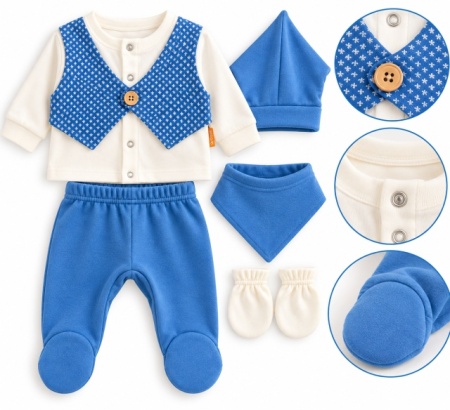Set nou-născut băiețel 5 piese, albastru și crem, bluză cu vestă, pantaloni cu botoșei, căciuliță, bavetă și mănuși - Img 2
