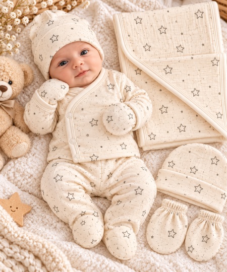 Set pentru bebeluși din 5 piese ivoire cu model stelute, bumbac 100% - Img 2