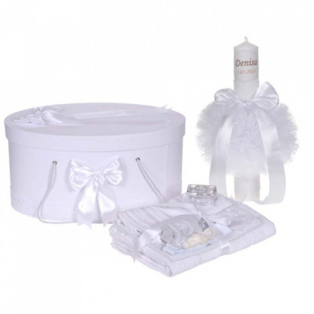 Set trusou botez, cutie trusou si lumanare personalizata cu nume, decor Alb, Denikos® 907