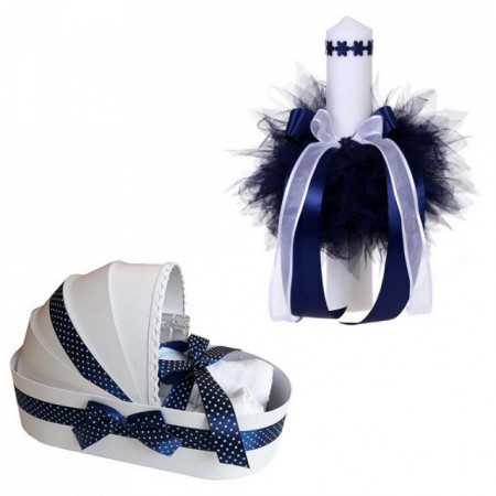 Trusou botez in landou si lumanare cu floricele, decor bleumarin Denikos® 103