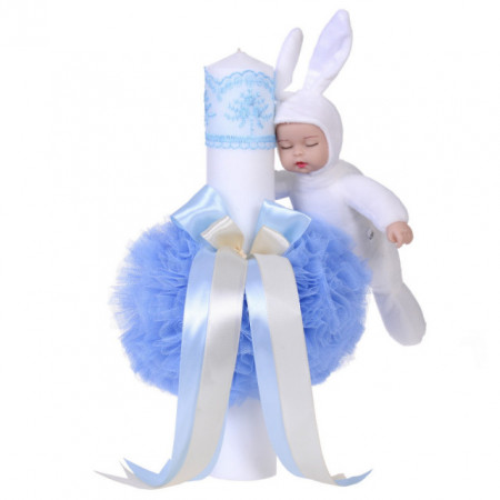 Trusou botez in landou si lumanare cu iepuras, decor bleu Denikos® 171 - Img 2