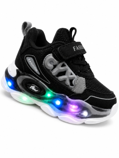 Adidasi cu lumini Led, Model Cyx, Baieti, Piele ecologica, Negru - Img 4