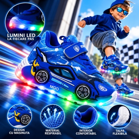 Adidasi cu luminite pentru baietei - Masinuta albastra Super LED - Img 4
